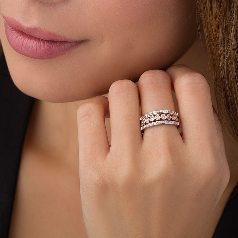 Main Image 3 of Convertibilities 0.46 CT. T.W. Diamond Spiral Loop Three Piece Stackable Band Set in Sterling Silver and 10K Rose Gold