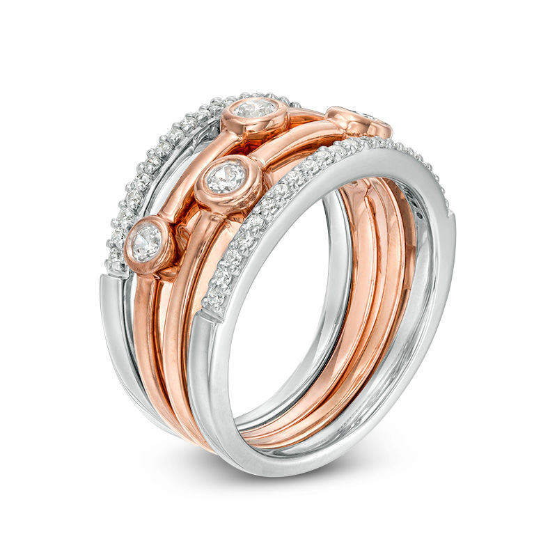 Convertibilities 0.37 CT. T.W. Diamond Station Four Piece Stackable Band Set in Sterling Silver and 10K Rose Gold
