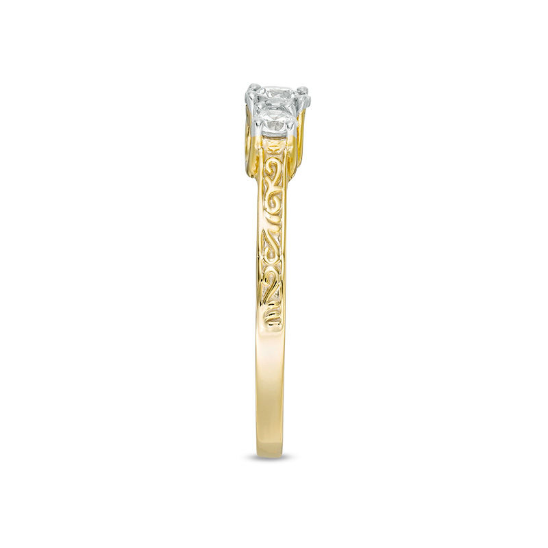 0.29 CT. T.W. Diamond Three Stone Filigree Scroll Engagement Ring in 10K Gold