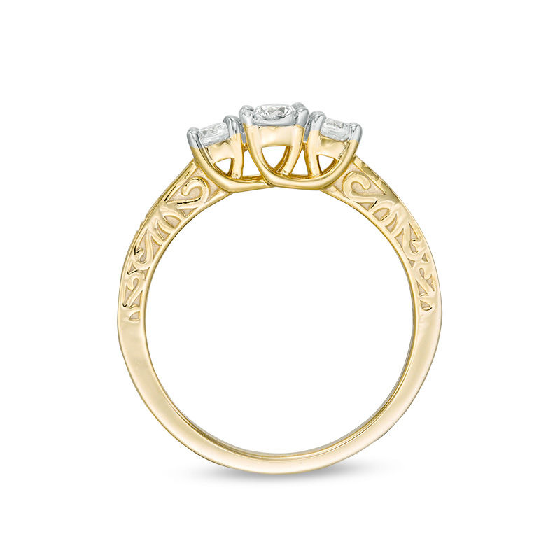 0.29 CT. T.W. Diamond Three Stone Filigree Scroll Engagement Ring in 10K Gold
