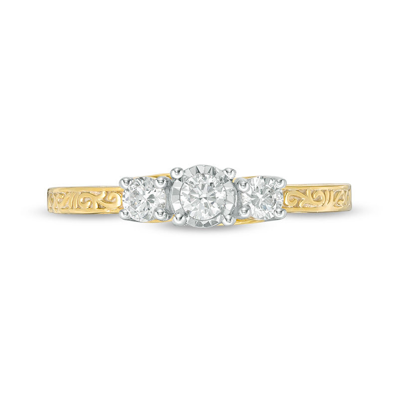 CT. T.W. Diamond Three Stone Filigree Scroll Engagement Ring in 10K Gold