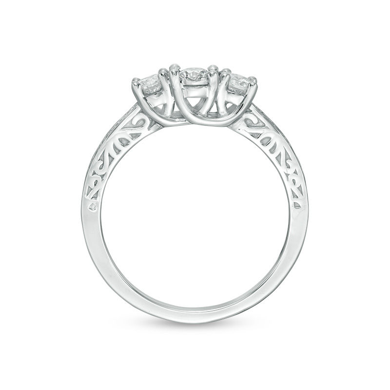 0.29 CT. T.W. Diamond Three Stone Filigree Scroll Engagement Ring in 10K White Gold