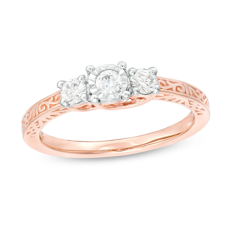 0.29 CT. T.W. Diamond Three Stone Filigree Scroll Engagement Ring in 10K Rose Gold