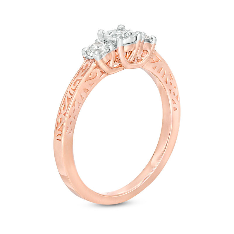 0.29 CT. T.W. Diamond Three Stone Filigree Scroll Engagement Ring in 10K Rose Gold