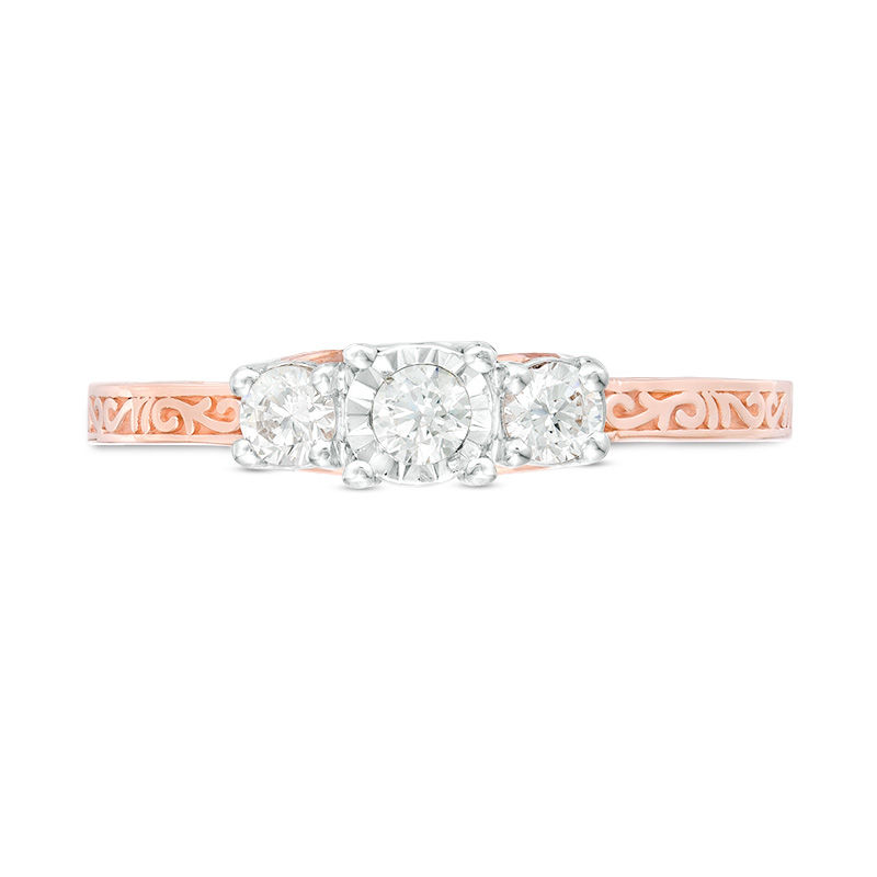 Main Image 4 of 0.29 CT. T.W. Diamond Three Stone Filigree Scroll Engagement Ring in 10K Rose Gold
