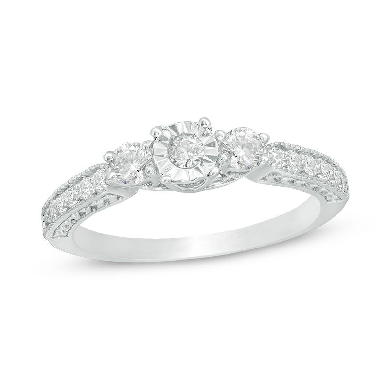 0.45 CT. T.W. Diamond Three Stone Vintage-Style Engagement Ring in 10K White Gold