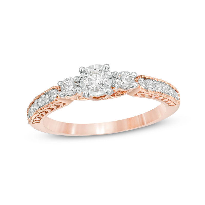 Main Image 1 of 0.45 CT. T.W. Diamond Three Stone Vintage-Style Engagement Ring in 10K Rose Gold