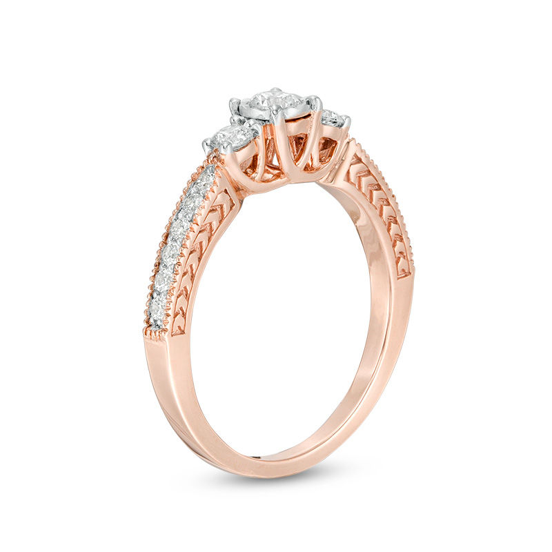 Main Image 2 of 0.45 CT. T.W. Diamond Three Stone Vintage-Style Engagement Ring in 10K Rose Gold