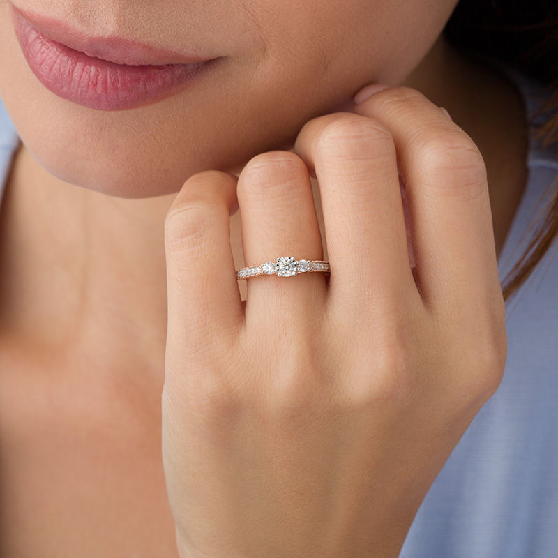 Main Image 3 of 0.45 CT. T.W. Diamond Three Stone Vintage-Style Engagement Ring in 10K Rose Gold