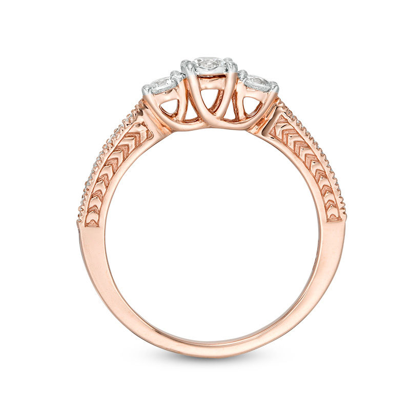 Main Image 5 of 0.45 CT. T.W. Diamond Three Stone Vintage-Style Engagement Ring in 10K Rose Gold