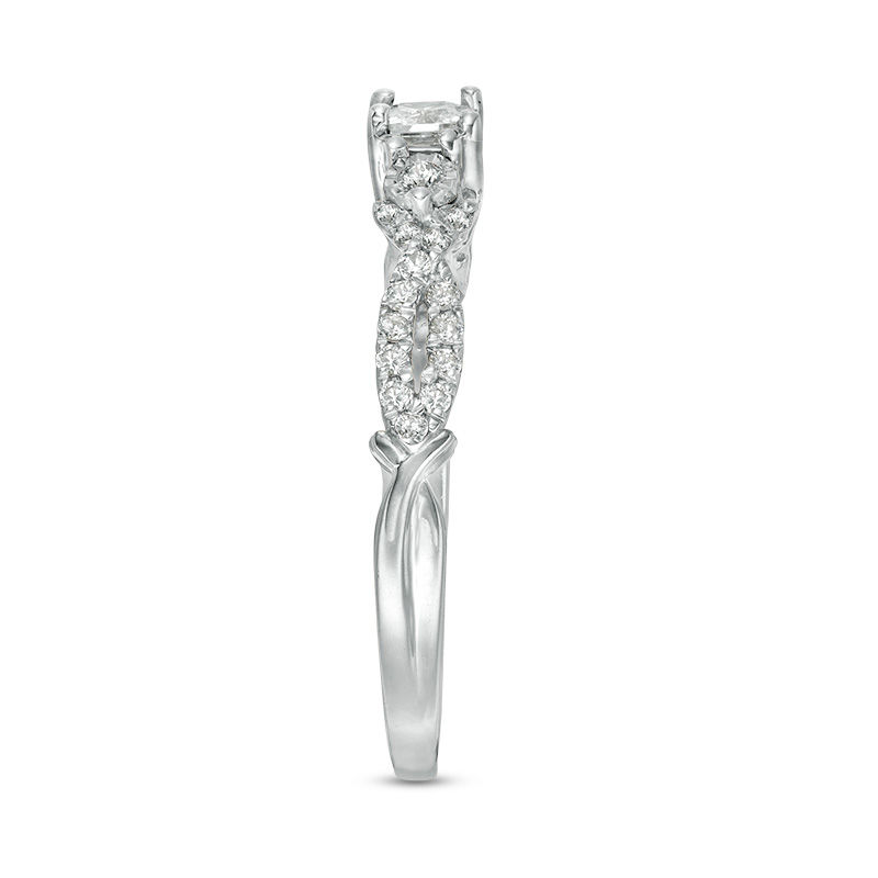Main Image 4 of 0.37 CT. T.W. Princess-Cut Diamond Three Stone Crossover Shank Engagement Ring in 10K White Gold