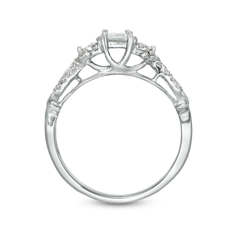 Main Image 5 of 0.37 CT. T.W. Princess-Cut Diamond Three Stone Crossover Shank Engagement Ring in 10K White Gold