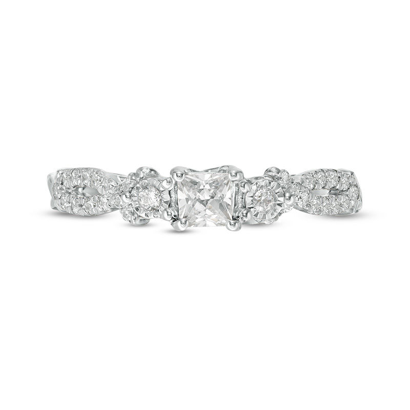Main Image 6 of 0.37 CT. T.W. Princess-Cut Diamond Three Stone Crossover Shank Engagement Ring in 10K White Gold
