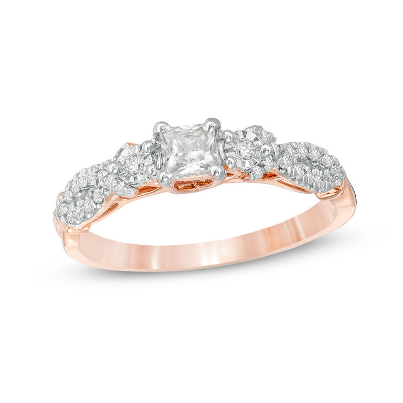 0.37 CT. T.W. Princess-Cut Diamond Three Stone Crossover Shank Engagement Ring in 10K Rose Gold