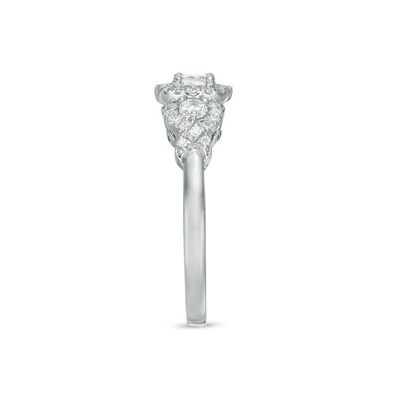 0.45 CT. T.W. Diamond Three Stone Frame X-Sides Engagement Ring in 10K White Gold