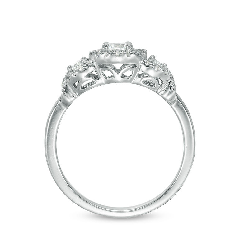 0.45 CT. T.W. Diamond Three Stone Frame X-Sides Engagement Ring in 10K White Gold