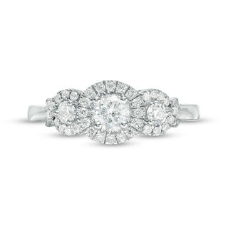 0.45 CT. T.W. Diamond Three Stone Frame X-Sides Engagement Ring in 10K White Gold