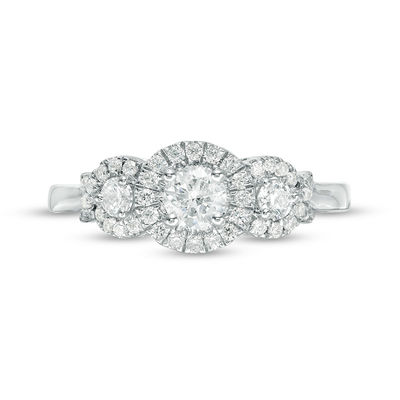 0.45 CT. T.W. Diamond Three Stone Frame X-Sides Engagement Ring in 10K White Gold