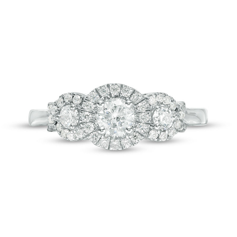 0.45 CT. T.W. Diamond Three Stone Frame X-Sides Engagement Ring in 10K White Gold