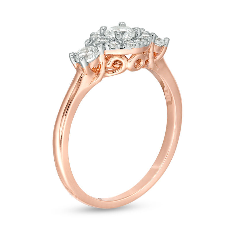 Main Image 3 of 0.69 CT. T.W. Diamond Three Stone Frame Engagement Ring in 10K Rose Gold