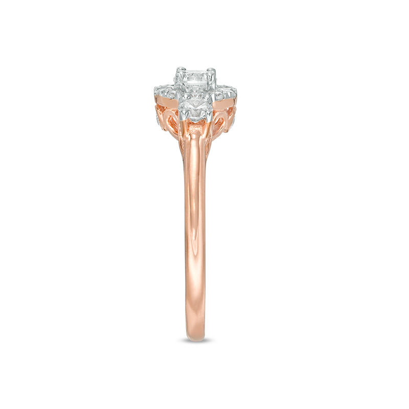 Main Image 4 of 0.69 CT. T.W. Diamond Three Stone Frame Engagement Ring in 10K Rose Gold