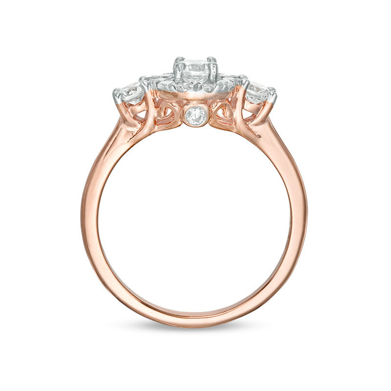 Main Image 5 of 0.69 CT. T.W. Diamond Three Stone Frame Engagement Ring in 10K Rose Gold