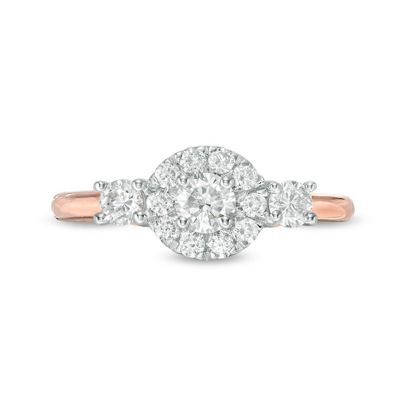 Main Image 6 of 0.69 CT. T.W. Diamond Three Stone Frame Engagement Ring in 10K Rose Gold