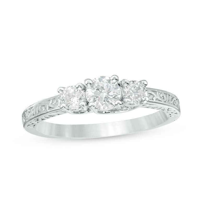 Main Image 1 of 0.45 CT. T.W. Diamond Three Stone Filigree Scroll Engagement Ring in 10K White Gold