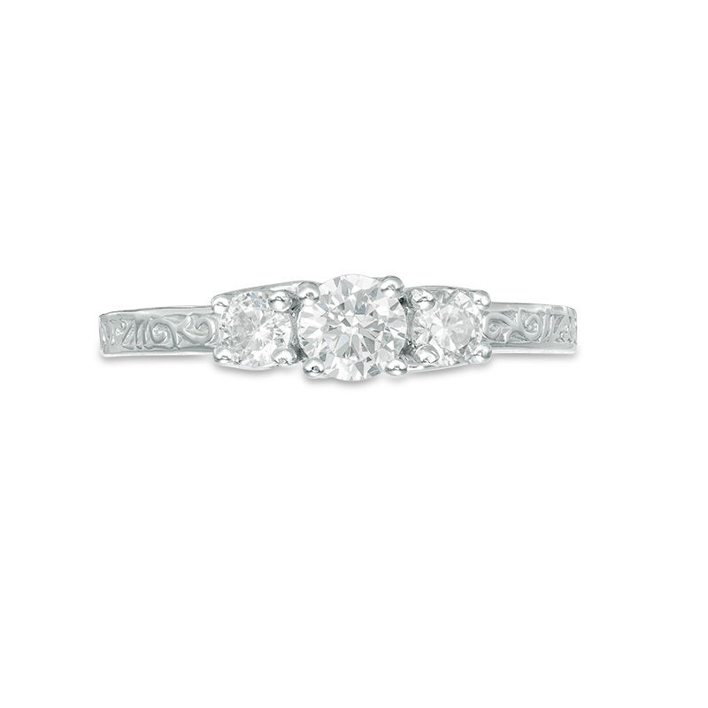Main Image 6 of 0.45 CT. T.W. Diamond Three Stone Filigree Scroll Engagement Ring in 10K White Gold
