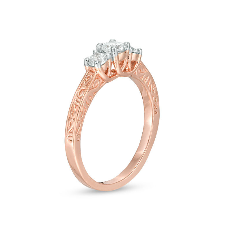 0.45 CT. T.W. Diamond Three Stone Filigree Scroll Engagement Ring in 10K Rose Gold