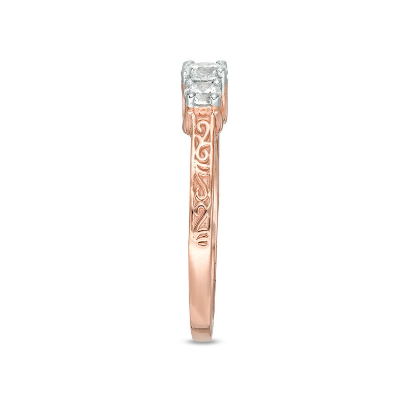 0.45 CT. T.W. Diamond Three Stone Filigree Scroll Engagement Ring in 10K Rose Gold