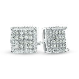 Men's 0.115 CT. T.W. Square-Shaped Multi-Diamond Textured Frame Stud Earrings in Sterling Silver