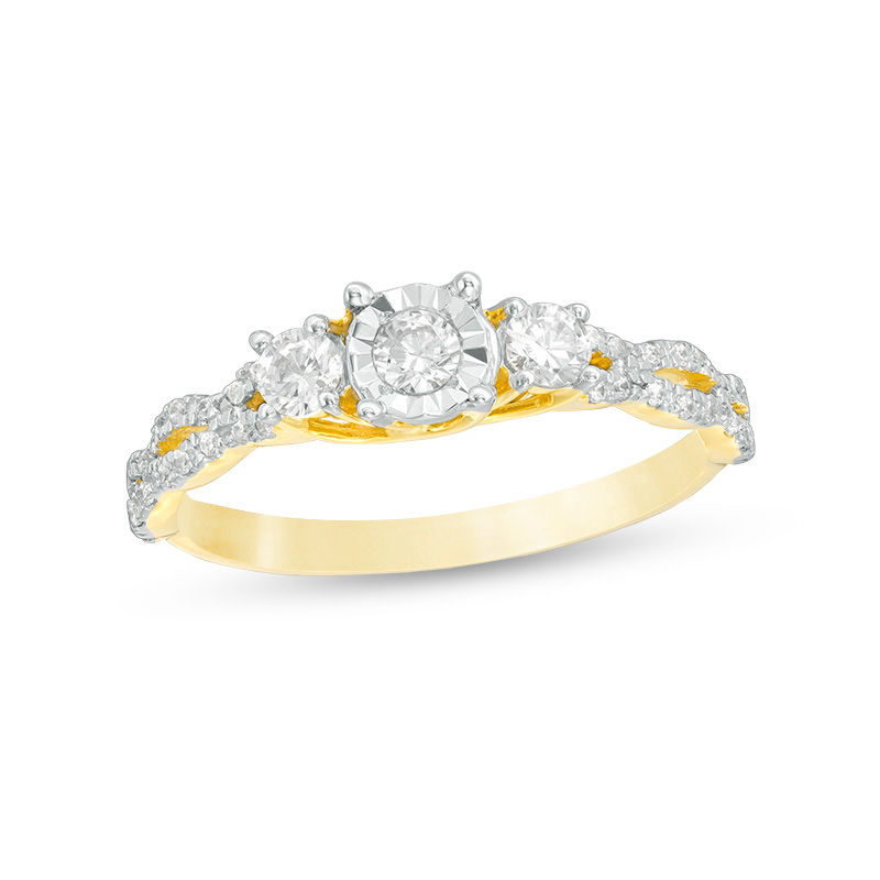 Main Image 1 of 0.58 CT. T.W. Diamond Three Stone Scallop Shank Engagement Ring in 10K Gold