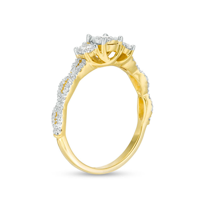 Main Image 2 of 0.58 CT. T.W. Diamond Three Stone Scallop Shank Engagement Ring in 10K Gold