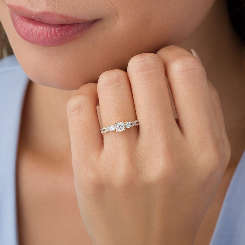 Main Image 3 of 0.58 CT. T.W. Diamond Three Stone Scallop Shank Engagement Ring in 10K Gold