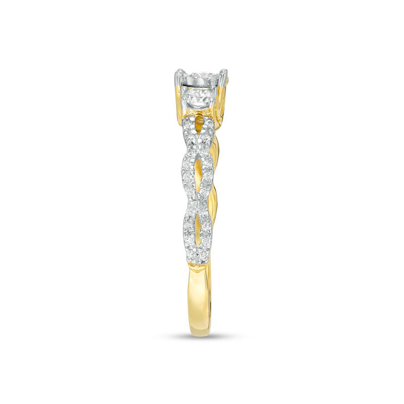 Main Image 4 of 0.58 CT. T.W. Diamond Three Stone Scallop Shank Engagement Ring in 10K Gold