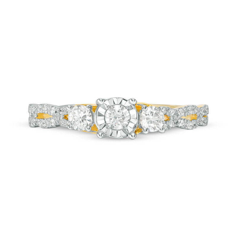 Main Image 6 of 0.58 CT. T.W. Diamond Three Stone Scallop Shank Engagement Ring in 10K Gold