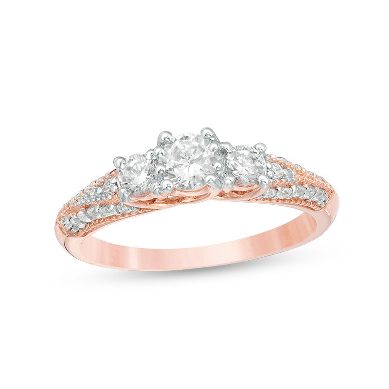 Main Image 1 of 0.75 CT. T.W. Diamond Three Stone V-Sides Vintage-Style Engagement Ring in 10K Rose Gold
