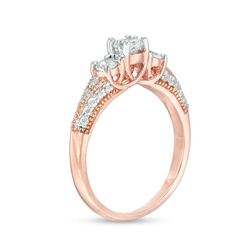 Main Image 2 of 0.75 CT. T.W. Diamond Three Stone V-Sides Vintage-Style Engagement Ring in 10K Rose Gold