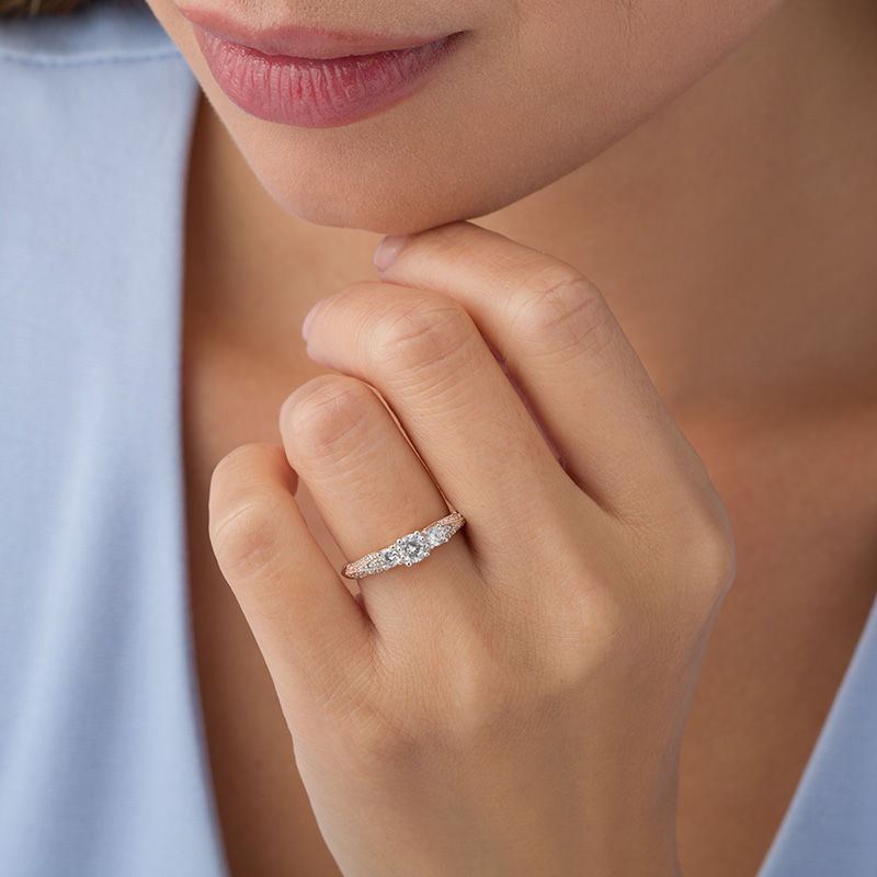 Main Image 3 of 0.75 CT. T.W. Diamond Three Stone V-Sides Vintage-Style Engagement Ring in 10K Rose Gold