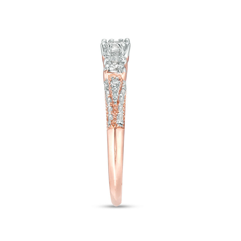 Main Image 4 of 0.75 CT. T.W. Diamond Three Stone V-Sides Vintage-Style Engagement Ring in 10K Rose Gold