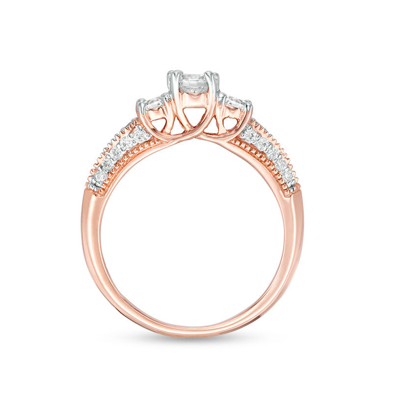 Main Image 5 of 0.75 CT. T.W. Diamond Three Stone V-Sides Vintage-Style Engagement Ring in 10K Rose Gold