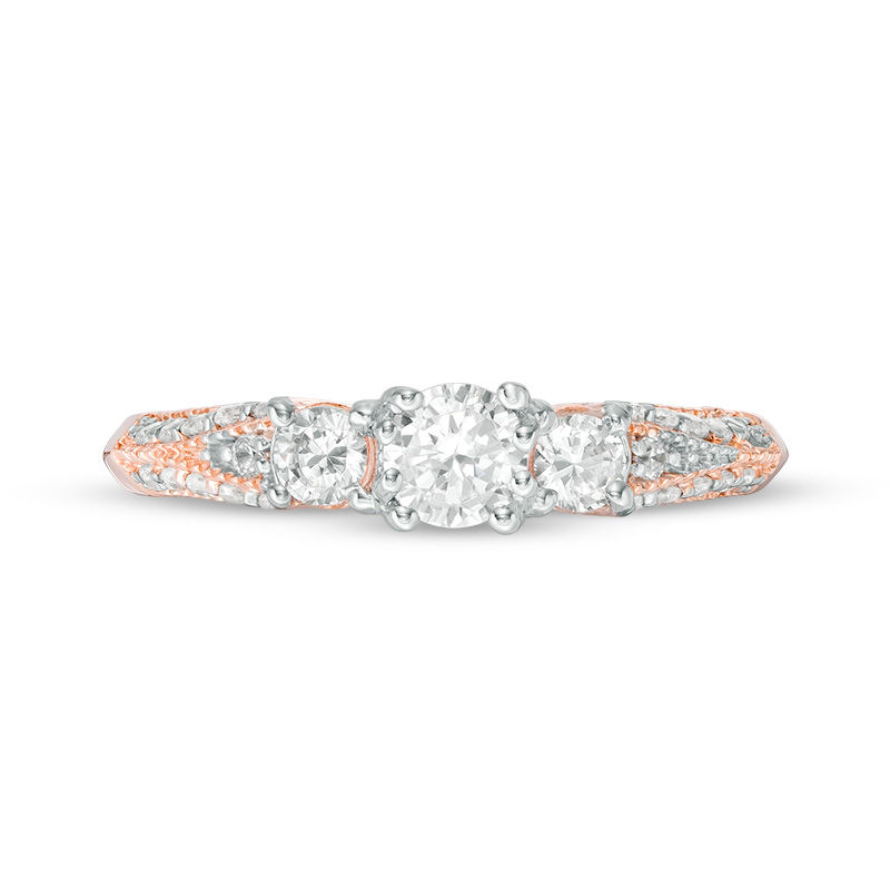 Main Image 6 of 0.75 CT. T.W. Diamond Three Stone V-Sides Vintage-Style Engagement Ring in 10K Rose Gold