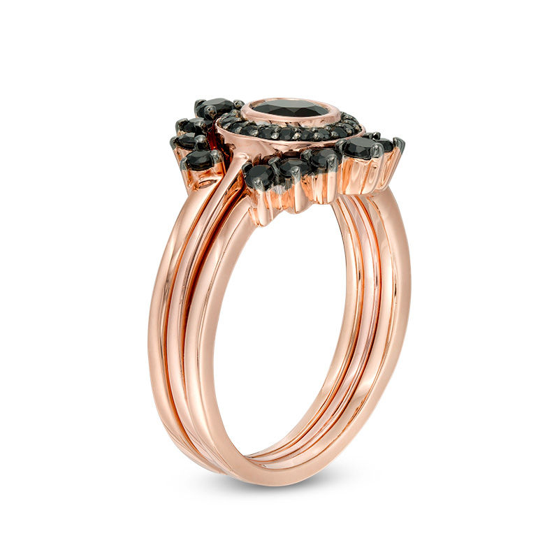 5.0mm Onyx Shadow Frame Three Ring Bridal Set in Sterling Silver with 14K Rose Gold Plate