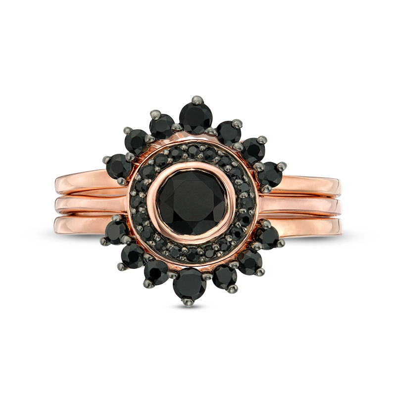 5.0mm Onyx Shadow Frame Three Ring Bridal Set in Sterling Silver with 14K Rose Gold Plate
