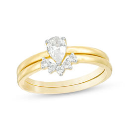 Pear-Shaped Lab-Created White Sapphire Halo Bridal Set in Sterling Silver with 14K Gold Plate