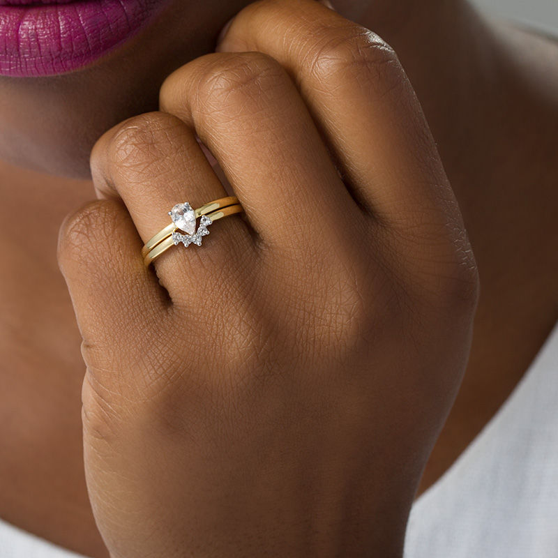 Pear-Shaped Lab-Created White Sapphire Halo Bridal Set in Sterling Silver with 14K Gold Plate