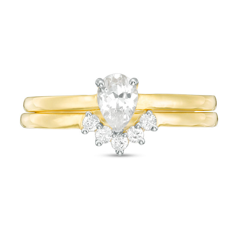 Pear-Shaped Lab-Created White Sapphire Halo Bridal Set in Sterling Silver with 14K Gold Plate