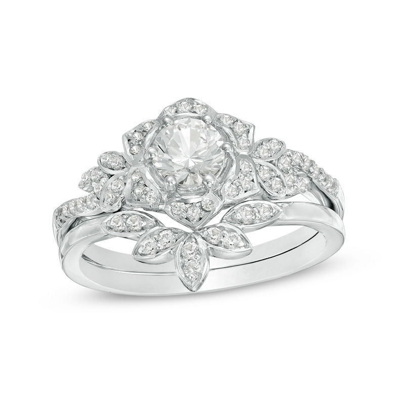 5.0mm Lab-Created White Sapphire Floral Bridal Set in Sterling Silver|Peoples Jewellers