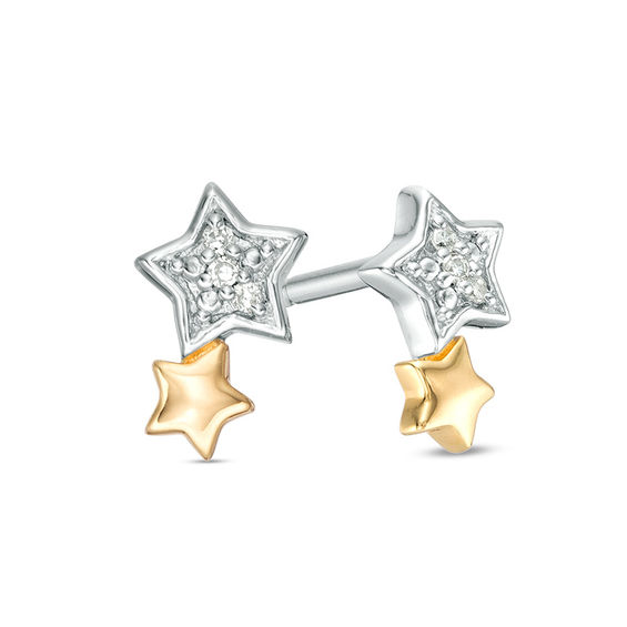 Diamond Accent Double Star Stud Earrings in Sterling Silver and 10K Gold